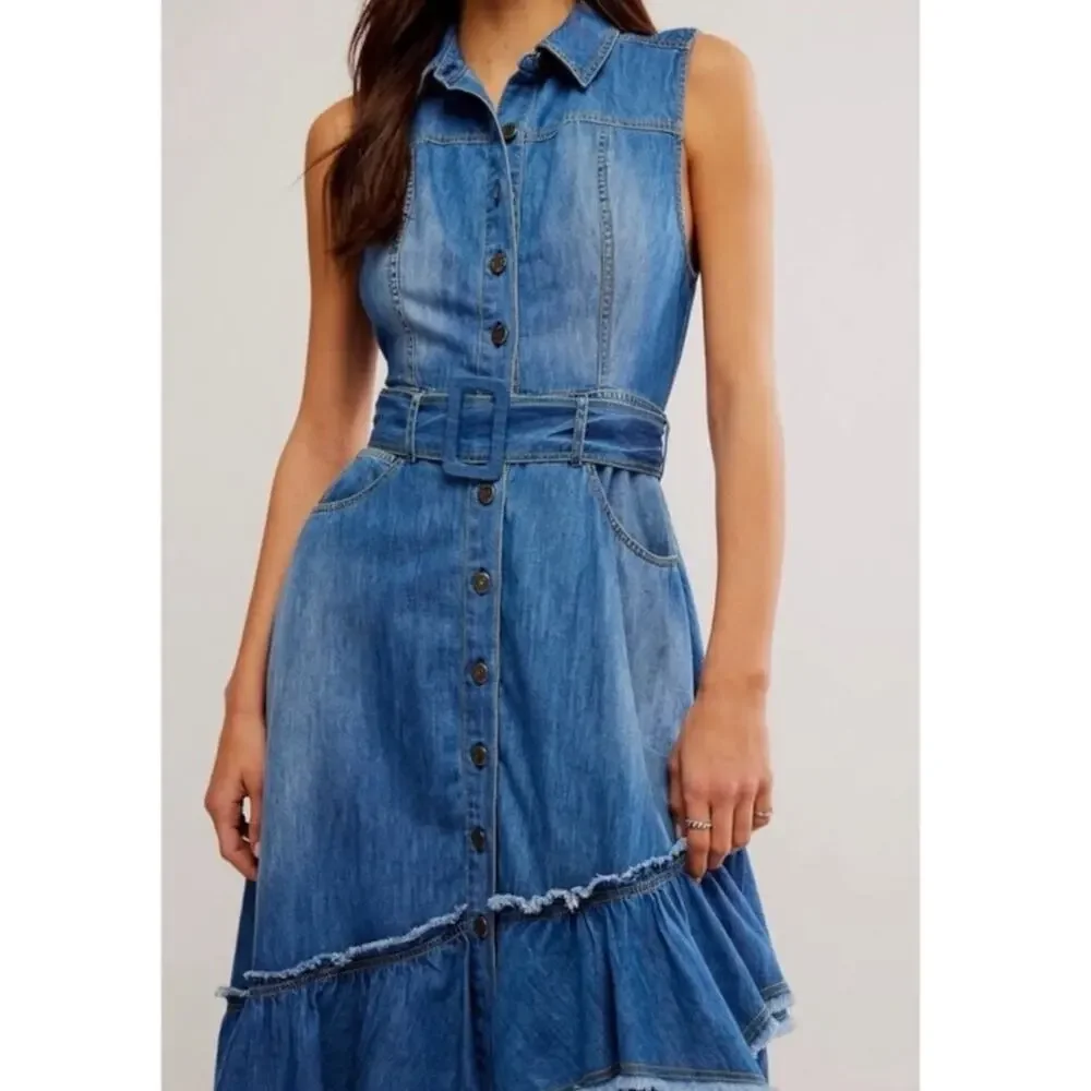 Free People Western Bohemian Ruffle Denim Midi Maxi Dress Belted Cowgirl Small